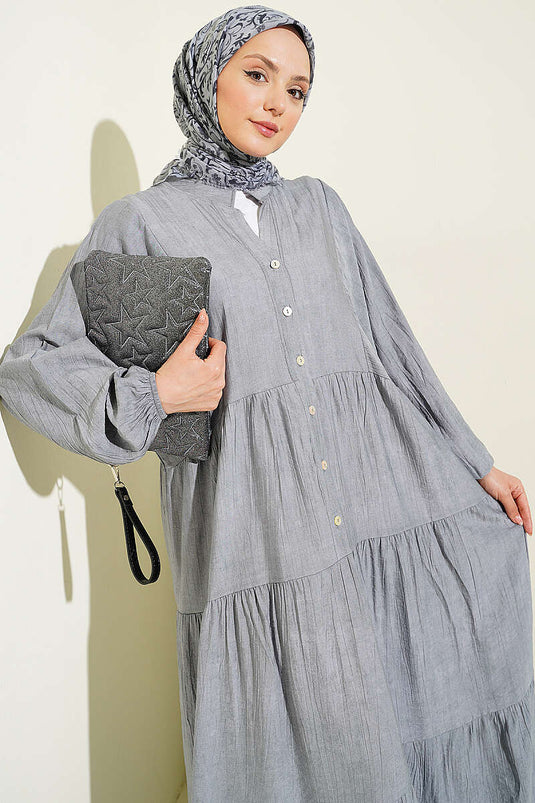 Batwing Sleeve Buttoned Layered Dress Gray