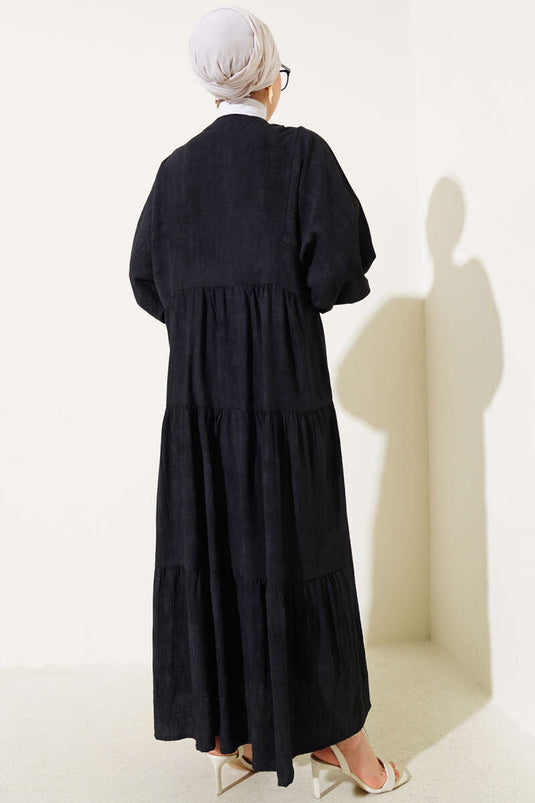 Fledermausärmel Knopf Kleid Schwarz