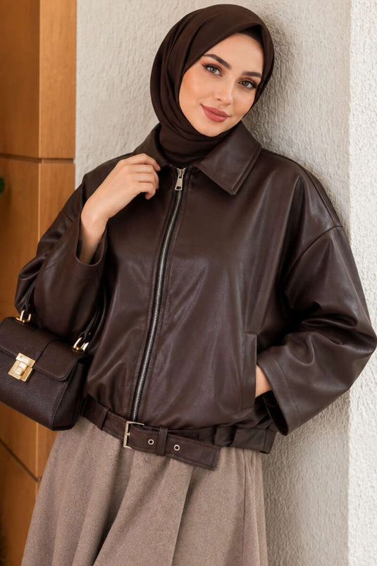 Braune Lederjacke Mit Fledermausärmeln Und Gürtel-Details