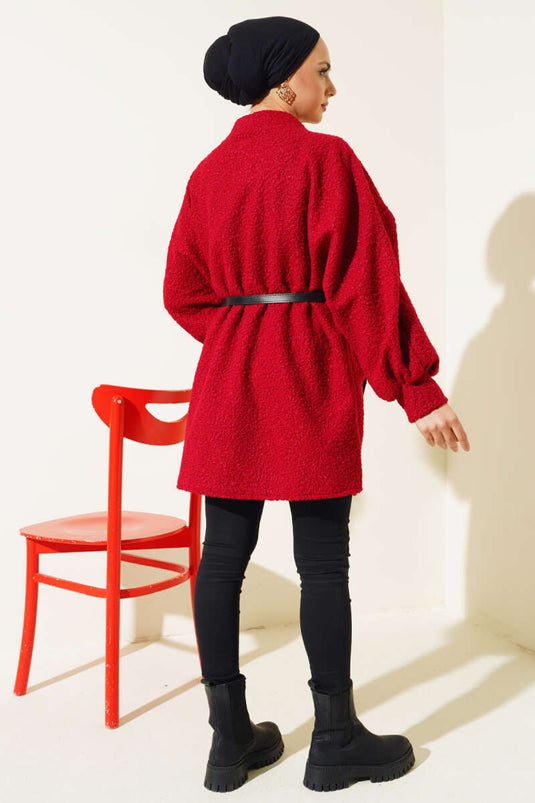 Yarasa Kol Kemerli Buklet Ceket Bordo