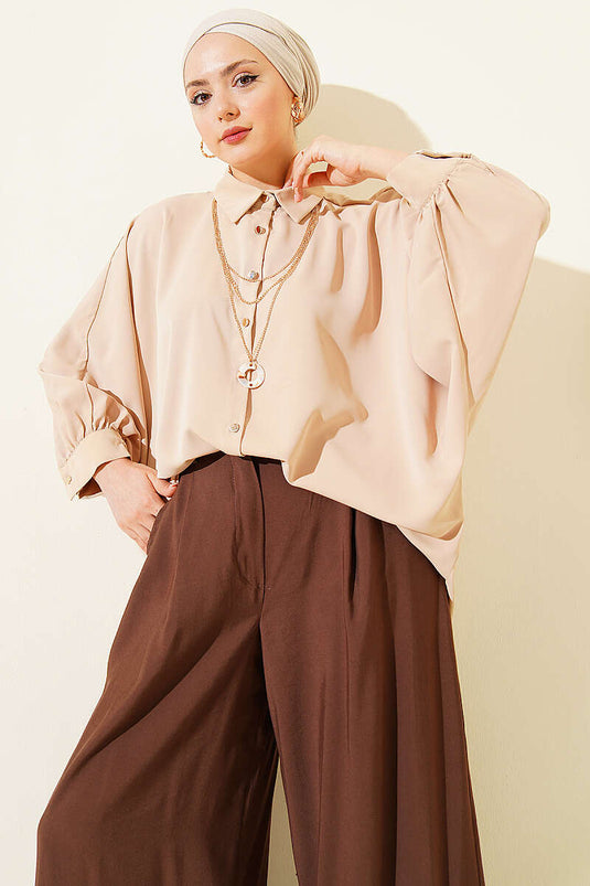 Chemise oversize à manches chauve-souris avec collier camel