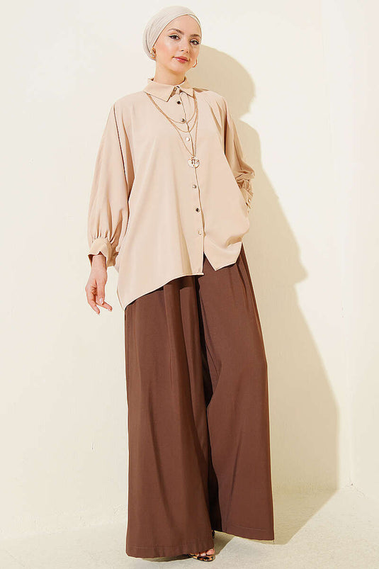 Chemise oversize à manches chauve-souris avec collier camel