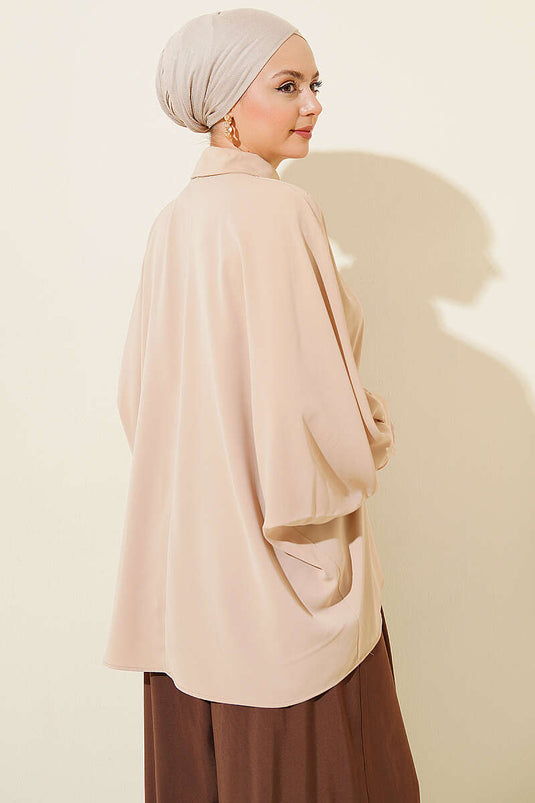 Chemise oversize à manches chauve-souris avec collier camel
