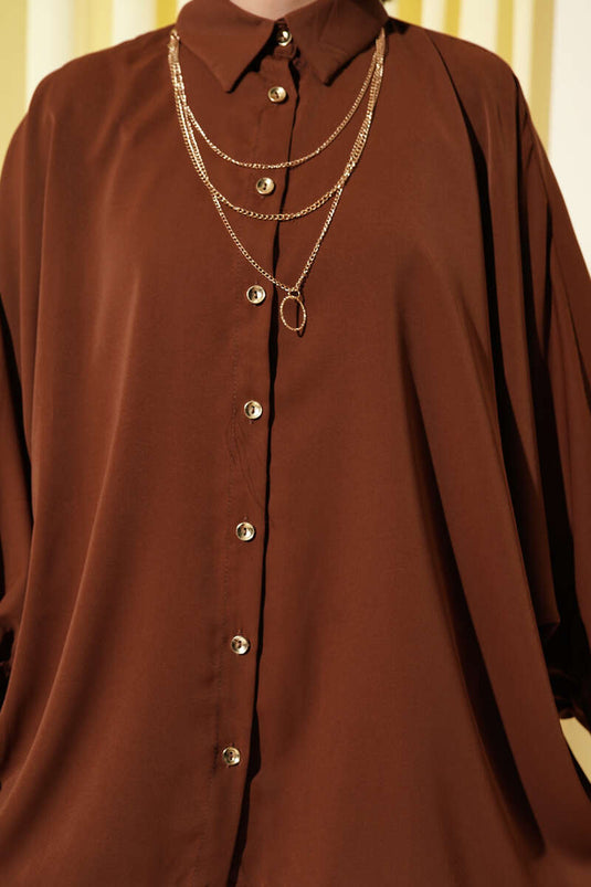 Yarasa Kol Kolyeli Oversize Gömlek Kahve