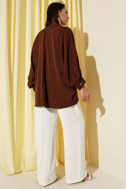 Chemise oversize à manches chauve-souris avec collier, couleur café