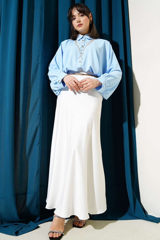 Batwing Sleeve Oversized Shirt with Necklace Blue