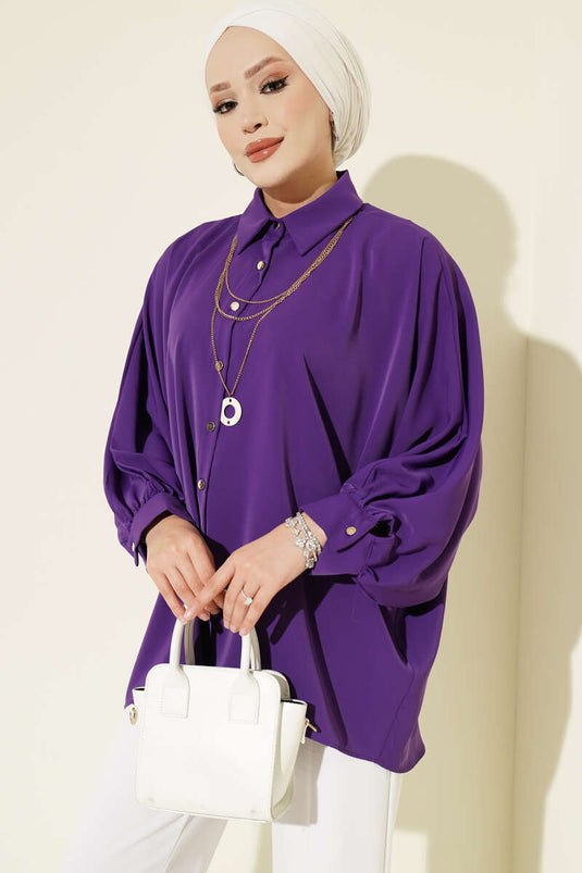 Camicia Oversize Viola Con Maniche Batwing E Decorazioni