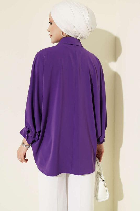 Camicia Oversize Viola Con Maniche Batwing E Decorazioni