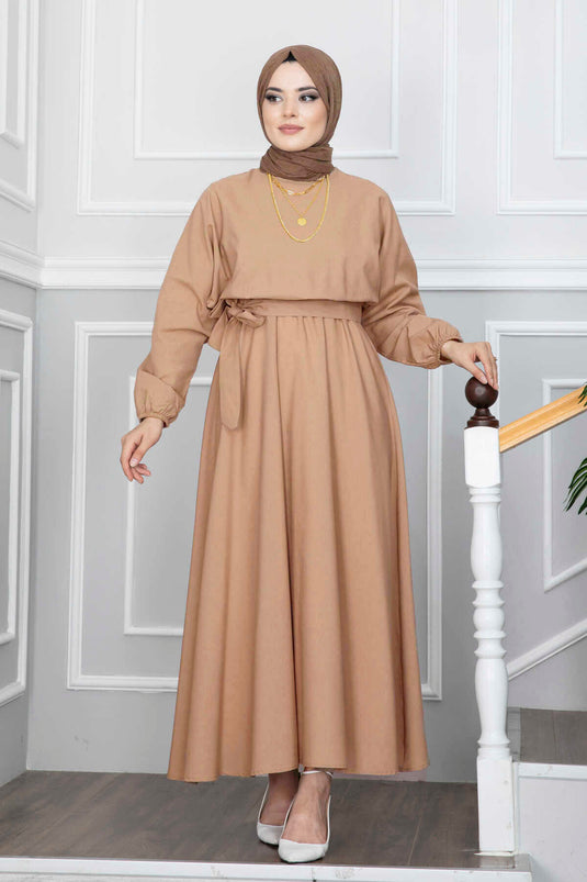 Hijab-Kleid mit Fledermausärmeln und Gürtel, Lachsfarben