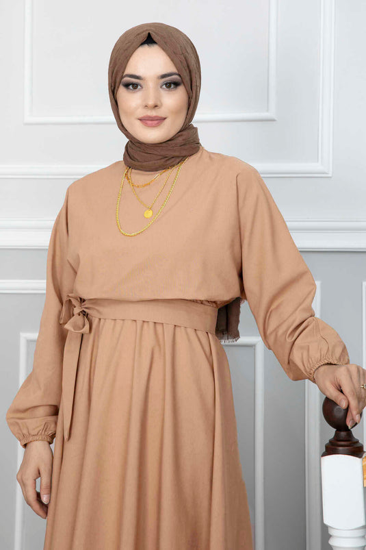 Hijab-Kleid mit Fledermausärmeln und Gürtel, Lachsfarben