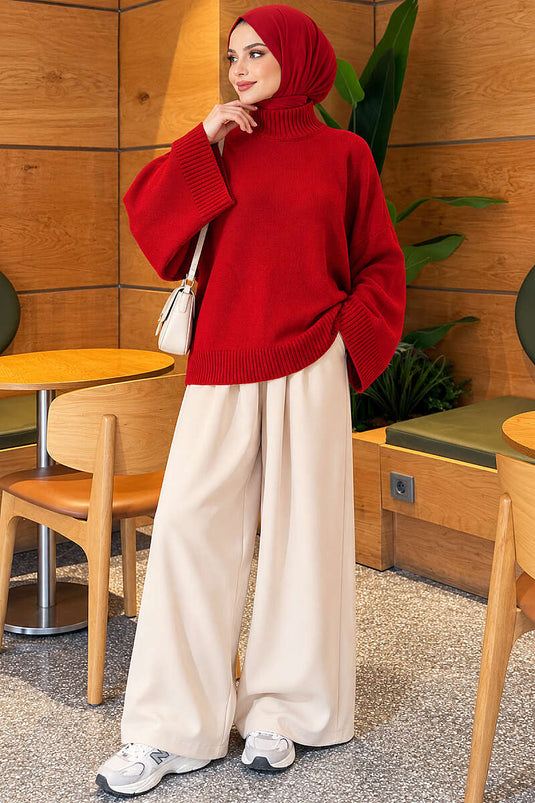 Yarasa Kol Oversize Triko Tunik Kırmızı