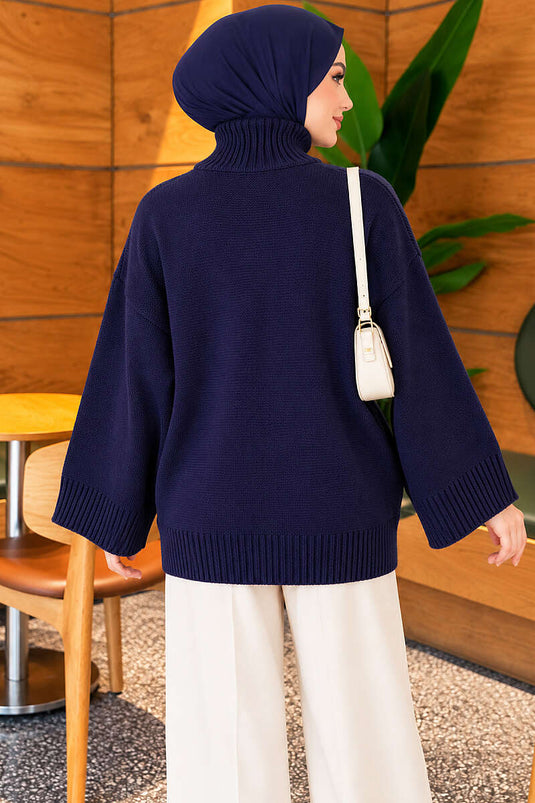 Yarasa Kol Oversize Triko Tunik Lacivert