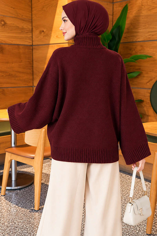 Yarasa Kol Oversize Triko Tunik Mürdüm