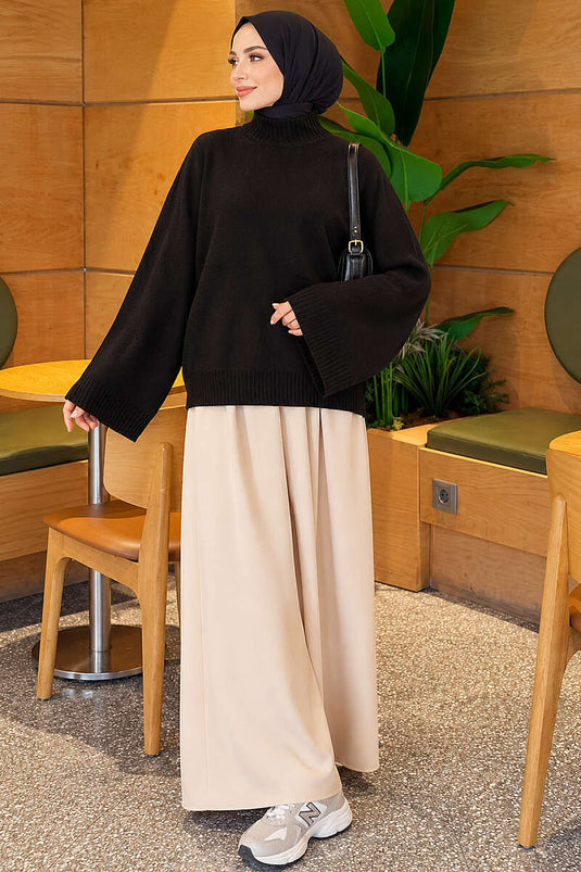 Yarasa Kol Oversize Triko Tunik Siyah
