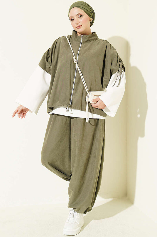 Ensemble Trois Pièces Oversized Manches Batwing Kaki