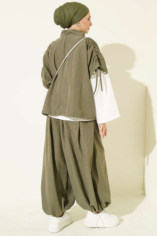 Ensemble Trois Pièces Oversized Manches Batwing Kaki