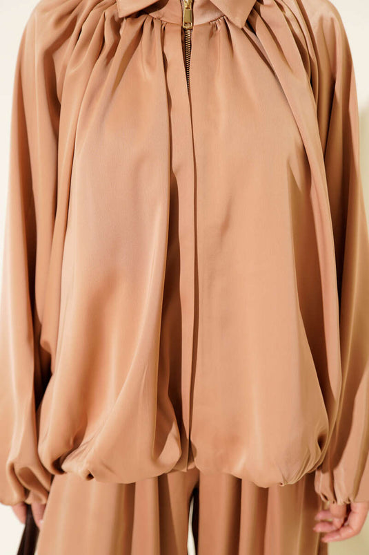 Ensemble deux pièces ample en satin à manches chauve-souris, couleur café