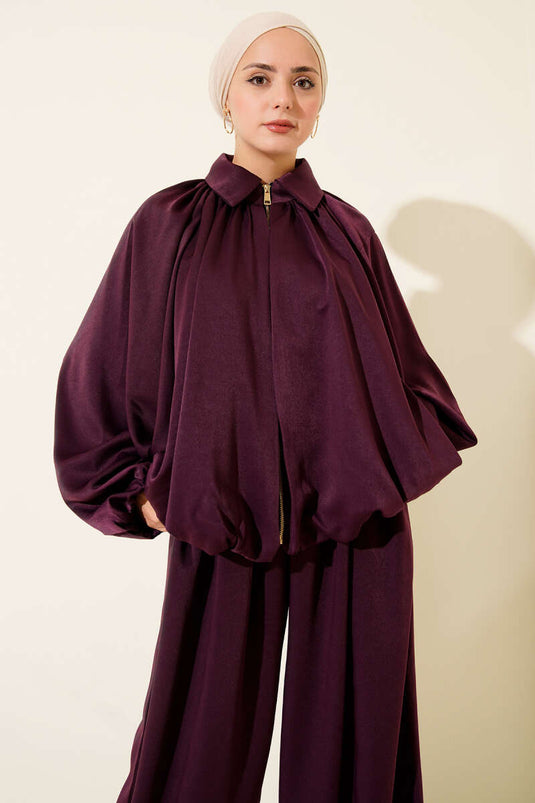 Costume deux pièces ample en satin à manches chauve-souris Prune