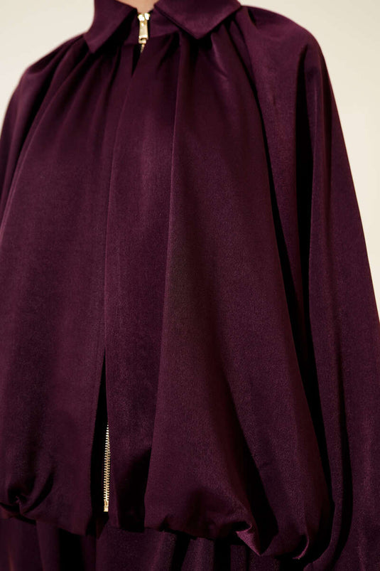 Costume deux pièces ample en satin à manches chauve-souris Prune