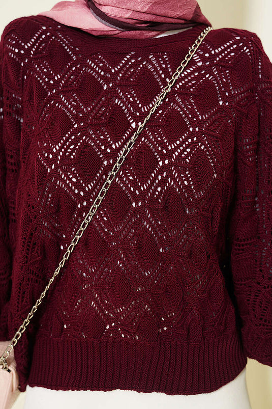 Maglione a manica pipistrello in maglia traforata bordeaux
