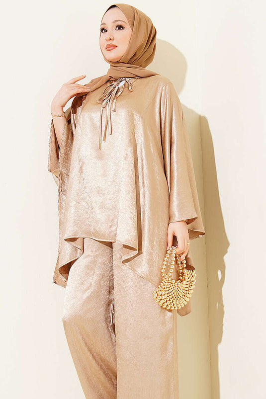 Batwing Sleeve V-Neck Satin Two-Piece Set Beige