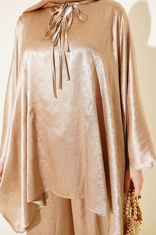 Batwing Sleeve V-Neck Satin Two-Piece Set Beige