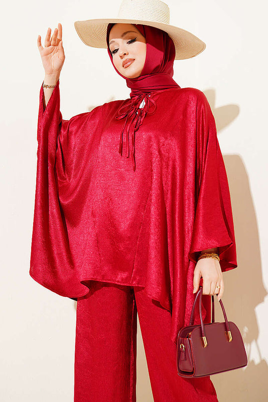 Batwing Sleeve V-Neck Satin Two-Piece Set Burgundy