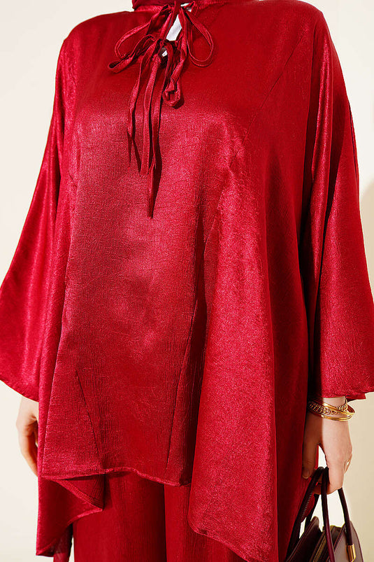 Batwing Sleeve V-Neck Satin Two-Piece Set Burgundy