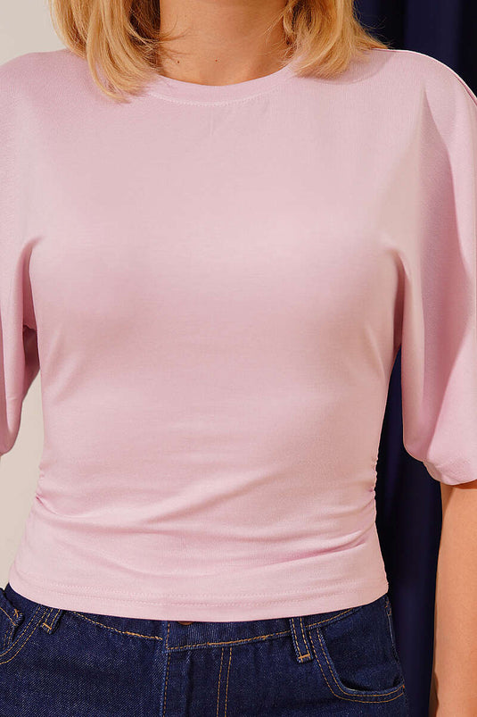 Yarasa Kol Yanları Büzgülü Bluz Pembe
