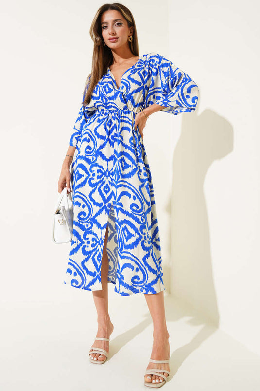 Yarasa Kollu Yırtmaçlı Elbise Saks