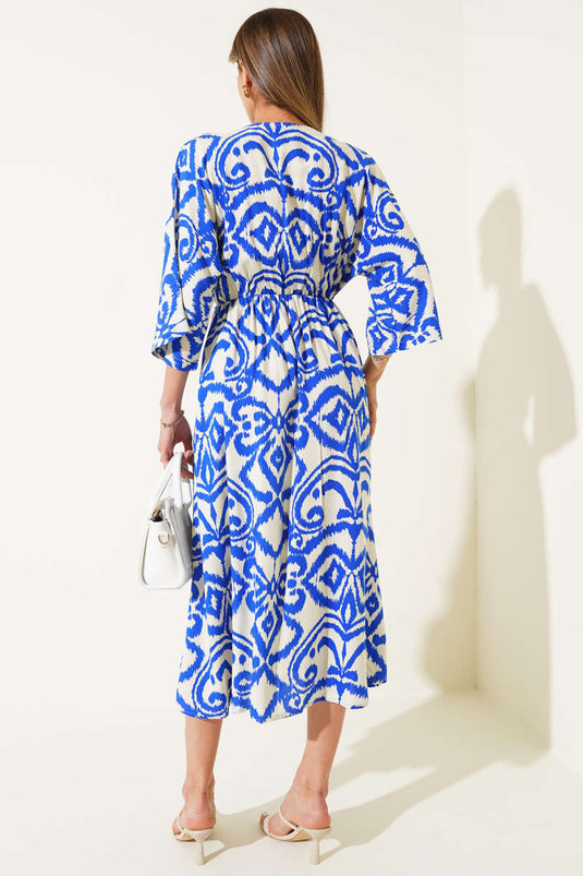 Yarasa Kollu Yırtmaçlı Elbise Saks