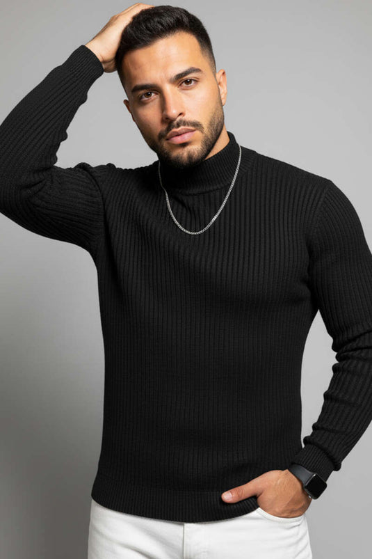 Schwarzer Herren-Strickpullover mit halbem Rollkragen