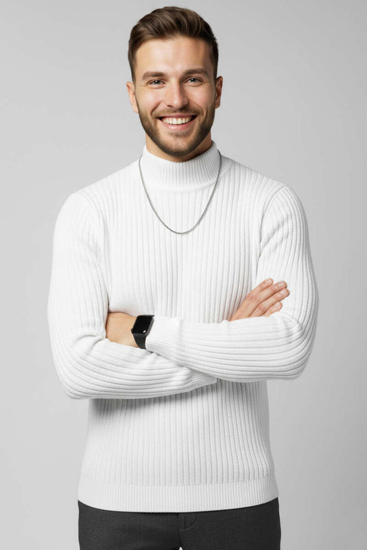 كنزة رجالية محبوكة بنصف ياقة عالية، لون بيج فاتح