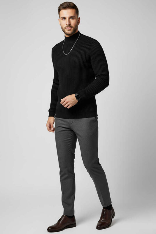 كنزة صوفية رجالية بنصف ياقة عالية، سوداء