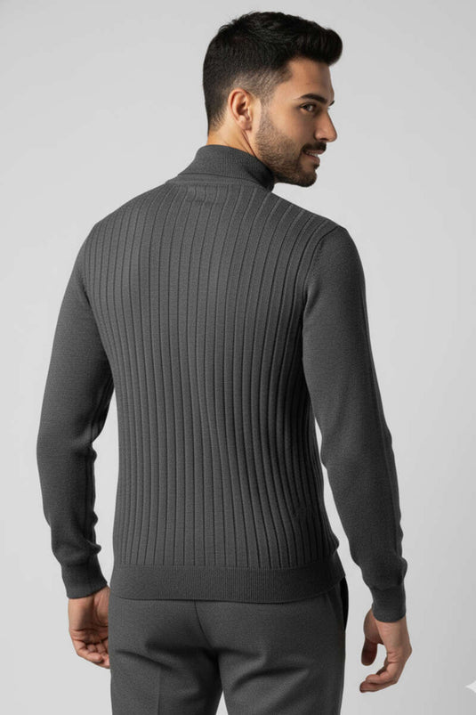 Men's Semi-Turtleneck Ribbed Knit Sweater, Dark Gray