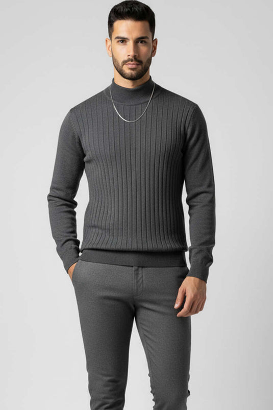 Pull homme à col montant côtelé, gris foncé