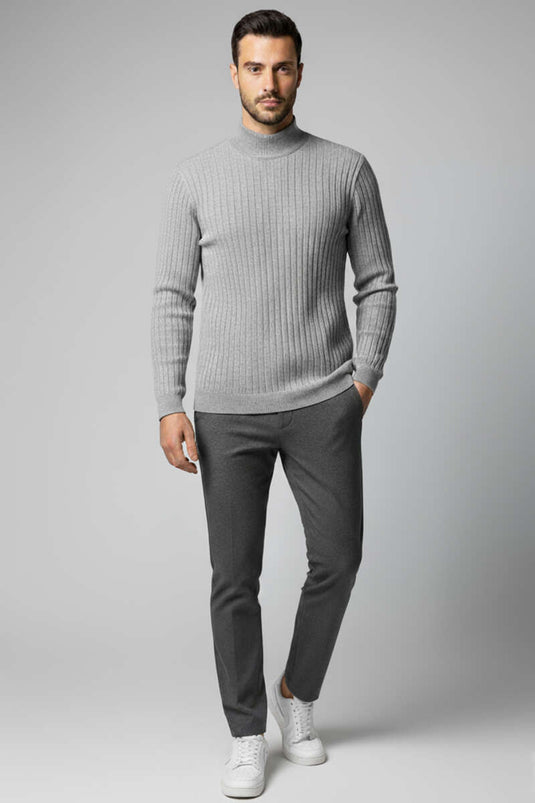 Men's Ribbed Half Turtleneck Sweater, Grey