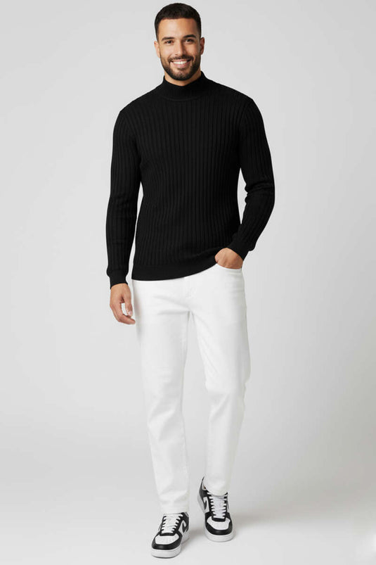Men's Semi-Turtleneck Ribbed Knit Sweater, Black