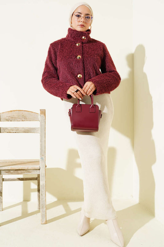 Half Turtleneck Jacket with Gold Buttons, Burgundy