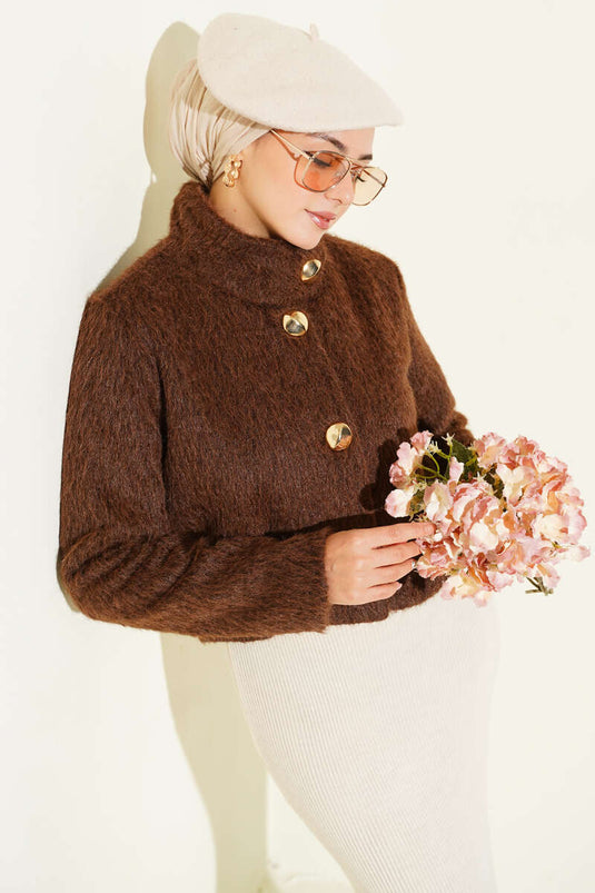 Halbrollkragenjacke mit goldenen Knöpfen, Kaffee