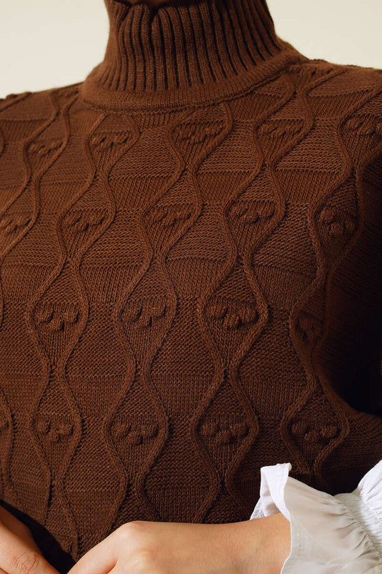 Pull à Motif Tricoté Demi Col Roulé Marron