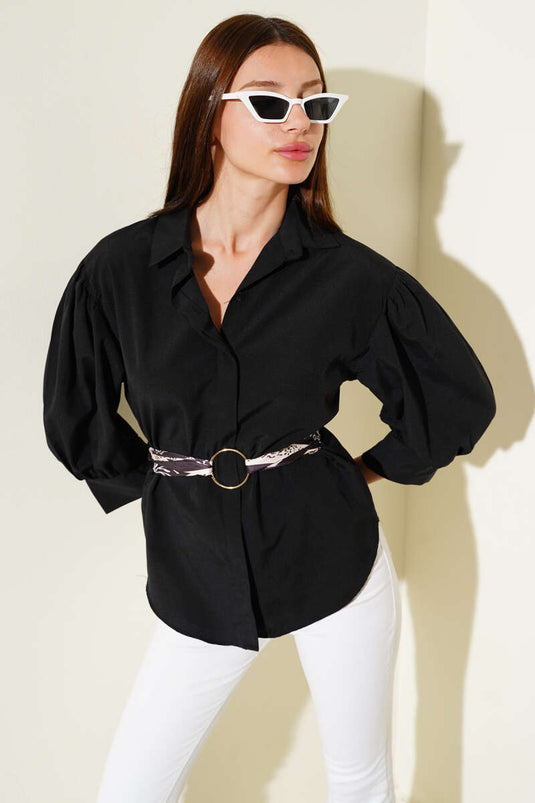 Chemise noire à manches demi-ballon