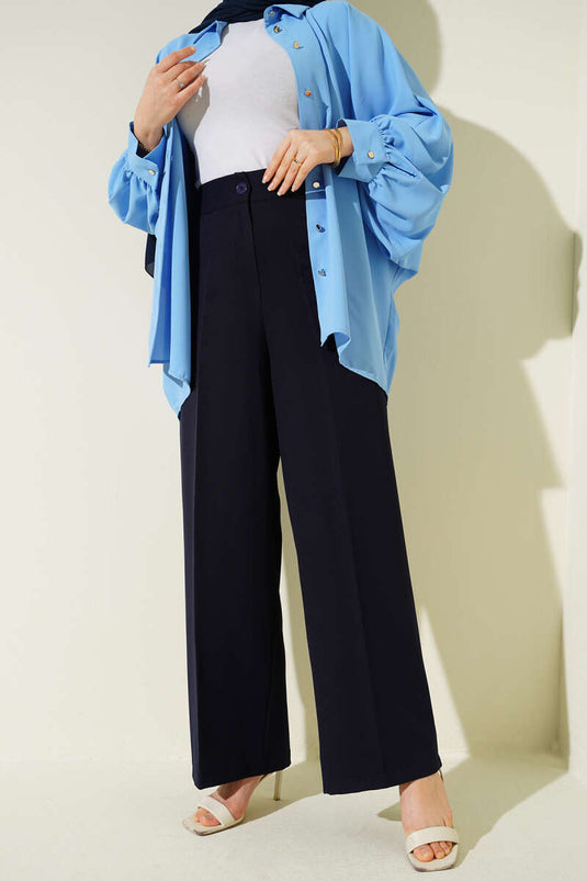 Pantalon basique à taille mi-élastique bleu marine