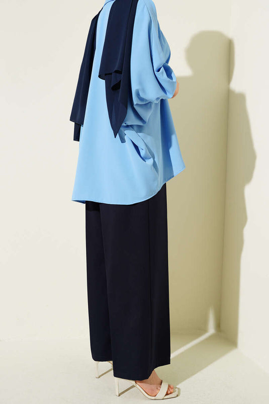 Basic Half Elastic Waist Pants Navy Blue