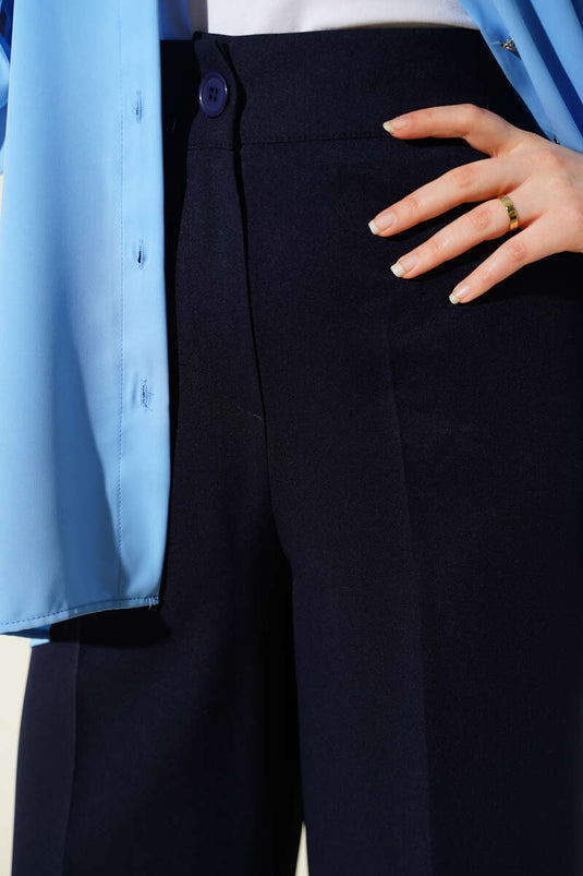 Pantalon basique à taille mi-élastique bleu marine