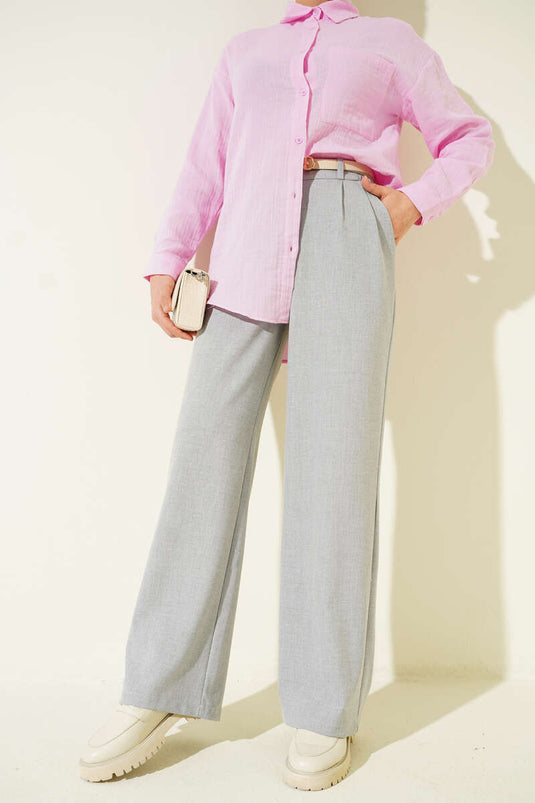 Pantalon Palazzo à taille mi-haute élastiquée Gris