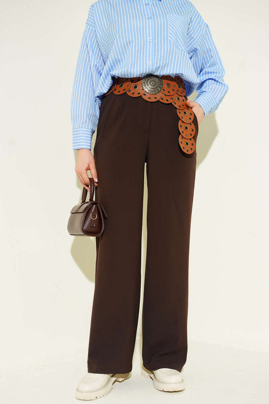 Pantalon Palazzo à taille mi-haute élastiquée Marron