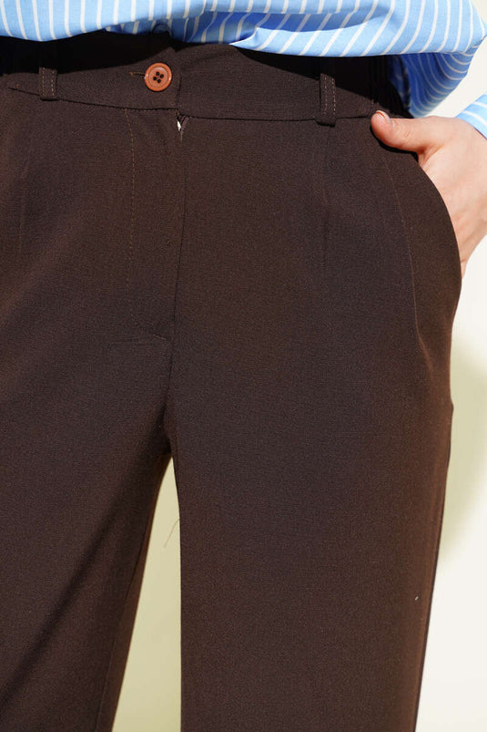 Pantalon Palazzo à taille mi-haute élastiquée Marron