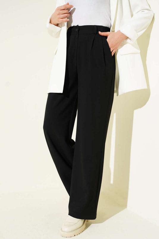 Pantalon Palazzo à taille mi-haute élastiquée Noir