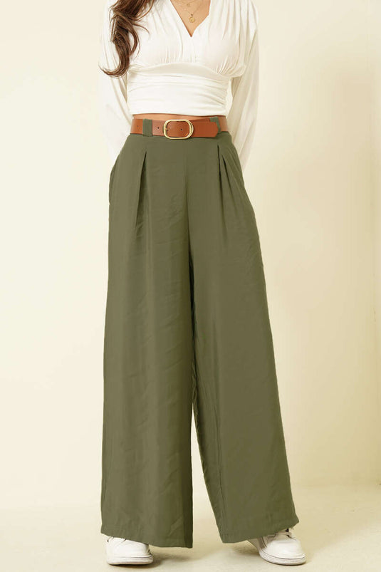 Loose Tencel Pants with Half Elastic Waist Khaki
